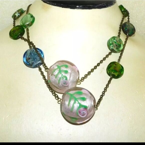 VINTAGE 28" GOLD TONE CHUNKY LAMPWORK ART GLASS CHAIN NECKLACE - Picture 3 of 5